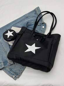 Bolso casual de gran capacidad para mujer con diseño de estrella de cinco puntas, monedero incluido, adecuado para uso diario, universidad, ir al trabajo, con bolsillo pequeño para cartera, conveniente para compras y vacaciones, bolso de hombro, bolso de moda con estrellas huecas - Negro - Ver 7