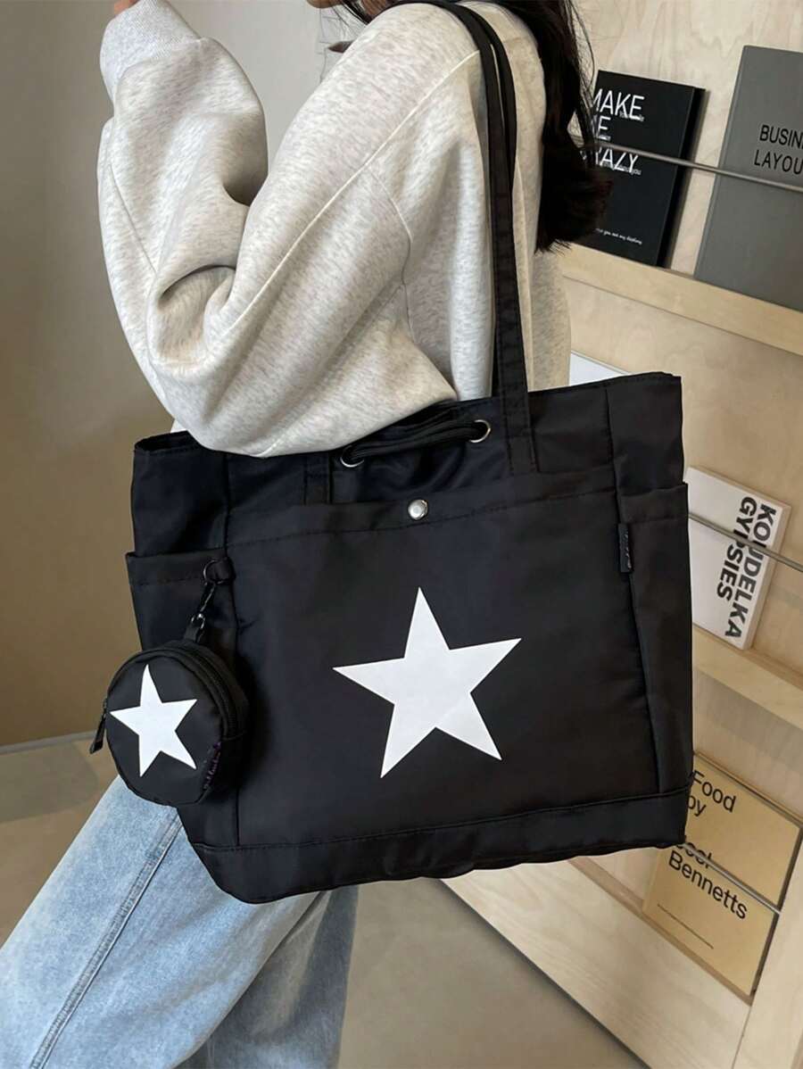 Bolso casual de gran capacidad para mujer con diseño de estrella de cinco puntas, monedero incluido, adecuado para uso diario, universidad, ir al trabajo, con bolsillo pequeño para cartera, conveniente para compras y vacaciones, bolso de hombro, bolso de moda con estrellas huecas