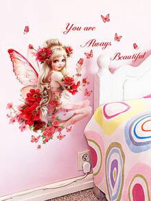 1pc Cute Fairy Butterfly Girl With English Slogan Wall Sticker Decal For Living Room, Bedroom Decor - Multicolor - View 10