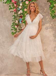 Joyfunear Maternity Ruffle Trim Mesh Overlay Gown - Apricot - View 1