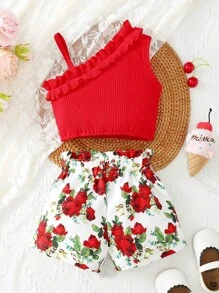 Baby Girl Solid Color Sleeveless Top & Floral Printed Shorts Set, For Summer Holiday