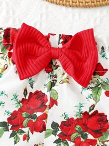 Baby Girl Solid Color Sleeveless Top & Floral Printed Shorts Set, For Summer Holiday