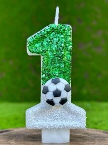 1pc Sparkling Sequin Football Shaped Birthday Candle With Holder, Sports Theme Party Decorations
