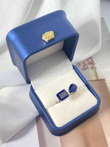 1 件简约经典设计椭圆形实验室培育蓝宝石镀铂金 925 纯银戒指适合约会和派对礼物 - 寶藍色 - 查看 6