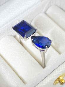 1 件简约经典设计椭圆形实验室培育蓝宝石镀铂金 925 纯银戒指适合约会和派对礼物 - 寶藍色 - 查看 4