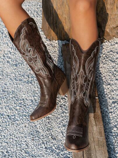 Women's 2024 Spring/Fall New Plus Size V-Cut Pointed Toe Thick Heel Embroidery Western Cowgirl Slip-On Mid-Calf Boots ,Perfect With Sweater, Suitable For Women Outdoor Shoes With Denim Skirt,Cowboy Boots