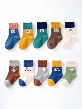 10pairs Kids Cartoon Animal Printed Casual Socks For Boys And Girls, Soft & Breathable, Suitable For Autumn/Winter, Baby Socks