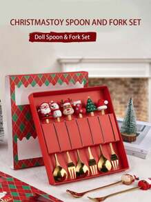 Zestaw świątecznych łyżeczek i widelców do kawy (4/6 szt.), łyżeczki do kawy, łyżki i widelce ze stali nierdzewnej, prezenty świąteczne dla dzieci w pudełku prezentowym do mieszania kawy, herbaty, zupy, cukru, deseru, przypraw, lodów (zestaw prezentowy)
