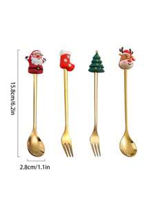 Zestaw świątecznych łyżeczek i widelców do kawy (4/6 szt.), łyżeczki do kawy, łyżki i widelce ze stali nierdzewnej, prezenty świąteczne dla dzieci w pudełku prezentowym do mieszania kawy, herbaty, zupy, cukru, deseru, przypraw, lodów (zestaw prezentowy)