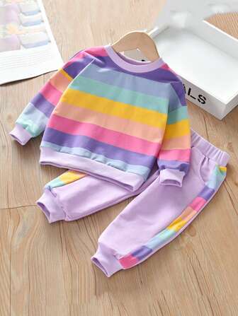 Baby Girls' Colorful Striped Crew Neck Long Sleeve Top And Pants Set, Spring/Autumn