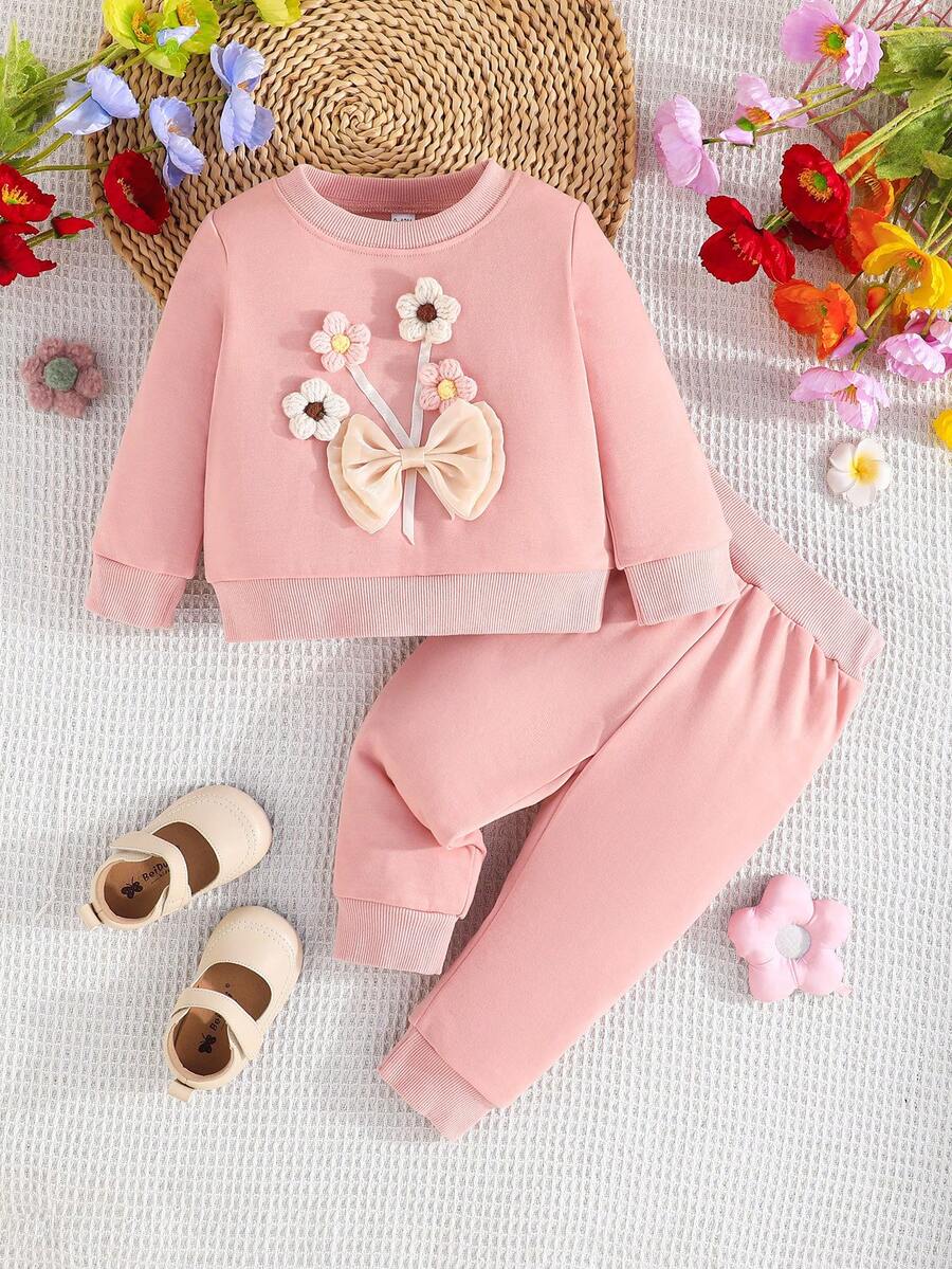 Conjunto de 2 piezas para bebé niña, sudadera con cuello redondo linda y sencilla con decoración de ramo de flores y pantalones de unicolor, para primavera y otoño - Rosa - Ver 1