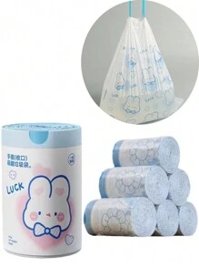 1 Rolle (ca. 65-75 Stück) zufällige süße Cartoon Kaninchen Zugband Müllbeutel, mit dicken bedruckten Griffen, geeignet für Kinderzimmer Windel Aufbewahrung, Outdoor Windel Entsorgung, Mehrzweck Einweg Müllbeutel