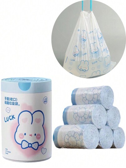 1 Roll (Approx. 65-75pcs) Random Cute Cartoon Rabbit Drawstring Trash Bags, Thick Printed Handles, Suitable For Nursery Diaper Storage, Outdoor Diaper Disposal, Multi-Purpose Disposable Garbage Bags