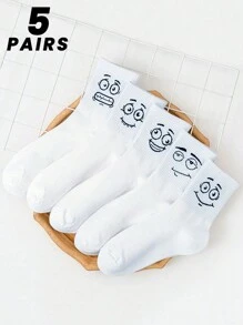 5 paires de chaussettes mi-mollet mignonnes, à motifs d'expressions de dessins animés, simples, décontractées, confortables et respirantes pour les couples, pour l'automne et l'hiver - Blanc - Voir 13