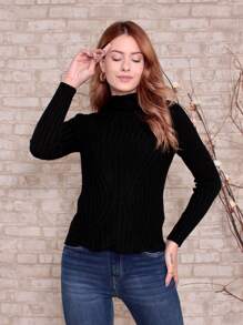 Long Sleeve Ribbed Knit Turtleneck Sweater YX033 - màu đen - Xem 4