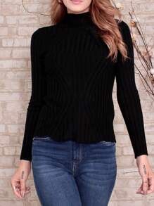 Long Sleeve Ribbed Knit Turtleneck Sweater YX033 - màu đen - Xem 2
