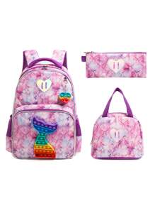 3 件套青少年波普艺术设计背包套装 - 包括背包、午餐盒和铅笔盒。可调节加垫肩带，透气背部支撑，适合上学、户外和旅行 - 魚鱗紫 - 查看 1