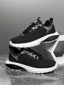 男士时尚拼色条纹针织网眼系带运动鞋，户外舒适透气黑色休闲跑步鞋 - 黑色 - 查看 3