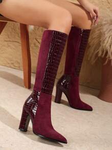 女士大码时尚过膝长靴，高跟休闲拉链长靴，搭配毛衣，红色，冬季时装秀，派对装扮 - 酒紅色 - 查看 2