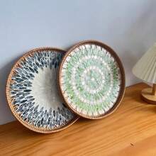 圆形藤条托盘 藤条餐具托盘 带木质底座 装饰性多色篮子 用于餐桌装饰、储存和摆放咖啡、面包、食物、水果 圣诞礼物 - 彩色 - 查看 6