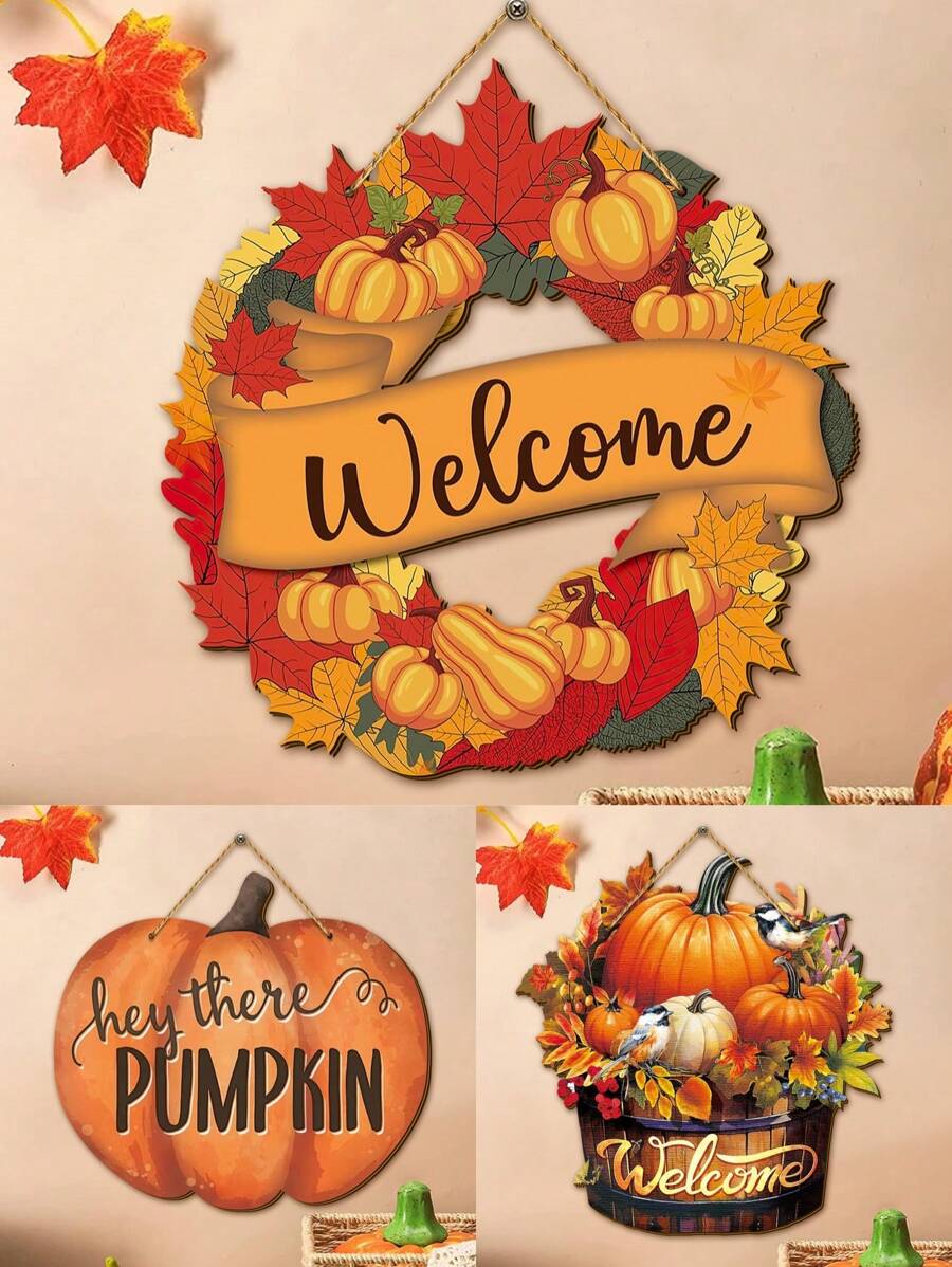 1pc Rustic Welcome Fall Plaque Sign Wooden Pumpkin Wreath Door Signs Harvest Wall Hanging Sign For Farmhouse Autumn Porch Home Wall Indoor Outdoor Thanksgiving Door Decor Best Gifts Birthday - Multicolor - View 1
