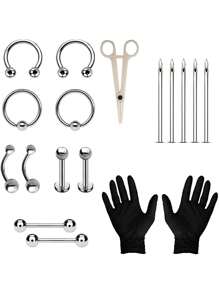 8/18 件一次性身体穿刺工具套件，含 16g 不锈钢穿刺针、穿刺钳、唇环/微针环/鼻环/舌环/肚脐环 - 銀色 - 查看 11