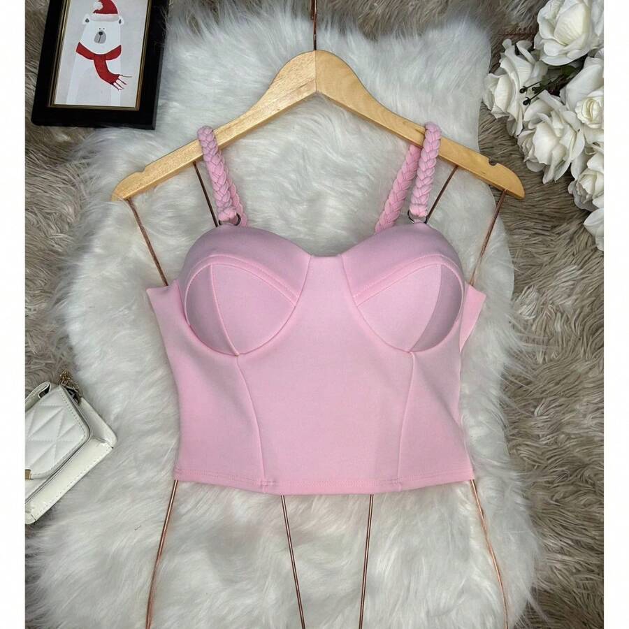 Cropped Top Blouse With Braided Strap With Cup Fashion Blogger Retro Summer Beach Party Neopreme Suplex Strap - 淺粉色 - 查看 1