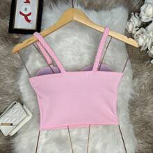 Cropped Top Blouse With Braided Strap With Cup Fashion Blogger Retro Summer Beach Party Neopreme Suplex Strap - 淺粉色 - 查看 4