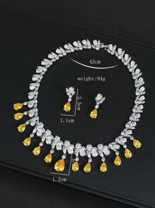 3 件套奢华新娘锆石项链和耳环套装，欧式时尚珠宝套装，适合女士婚礼、派对、节日 - 水滴 - 查看 11