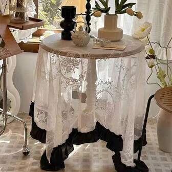1pc Lace Trim Hollow Out Round Tablecloth, French Rustic Farmhouse Style Vintage Floral Table Cover