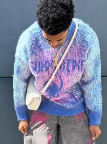 ANDREILEE Gradient Spider Graphic Crew Neck Dropped Shoulder Long Sleeve Knit Sweater, Casual Streetwear For Men & Women, Suitable For Spring, Autumn, Winter - Blue - View 4