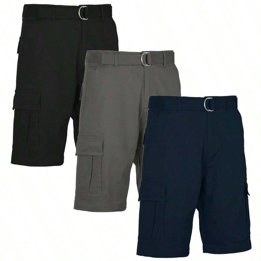 3-Pack Men's Belted Cotton Cargo Shorts - Black - Grey - Navy - View 1