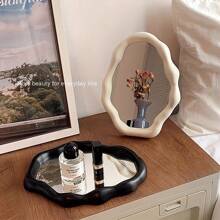 CASEGRACE 1pc Asymmetrical Aesthetic Tabletop Makeup Mirror, Plastic Adjustable Vanity Mirror With Glass Surface For Bathroom, Office & Bedroom, No Electricity Needed, Wedding Decor Best