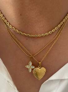 Monlansher 1 件女士不锈钢多层项链，编织链配方晶锆石十字架和心形吊坠，电镀，时尚简约奢华日常百搭 - 金色 - 查看 12