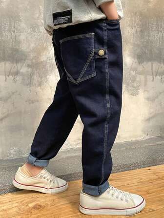 男大童素色斜口袋牛仔褲