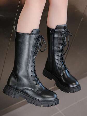 Girls' Fashionable Solid Color Zipper Tall Boots, Anti-Slip High-Top Boots For Autumn And Winter, Children's Shoes