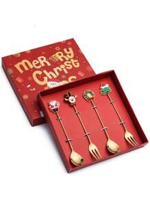 Zestaw świątecznych łyżeczek i widelców do kawy (4/6 szt.), łyżeczki do kawy, łyżki i widelce ze stali nierdzewnej, prezenty świąteczne dla dzieci w pudełku prezentowym do mieszania kawy, herbaty, zupy, cukru, deseru, przypraw, lodów (zestaw prezentowy)