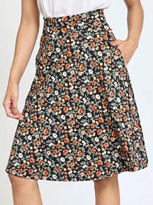 Boho Retro Knee Length Skirt Ditsy Floral - Orange - View 3