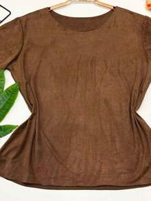 SUEDE Blouse Women's Suede T Shirt Casual Fashion - 駝色 - 查看 3