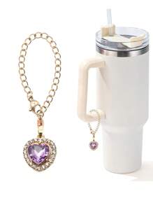 1pc Fashion Rhinestone Heart Shaped Glass Cup Chain Pendant Decor, Personalized Alloy Rhinestone Heart Charm For Modern Minimalist Glass Cup - Multicolor - View 8