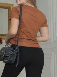 SUEDE Blouse Women's Suede T Shirt Casual Fashion - 酒紅色 - 查看 8