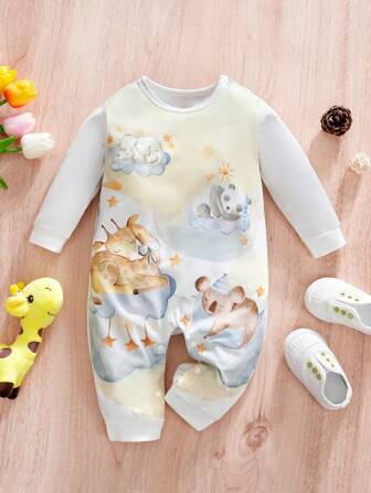 1pc Soft Animal Sleeping Graphic Long Sleeve Jumpsuit, Watercolor Style Baby Clothes All-In-One Outfit, Spring & Autumn