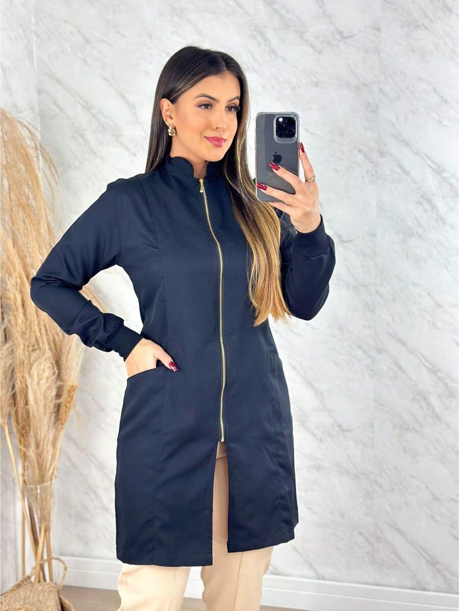 Jaleco Feminino Ziper Manga Longa Acinturado Com Punho Enfermagem Medicina Dentista Academico Saúde - Preto - Visão 1