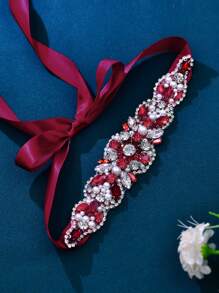 1pc Women's Burgundy Red Rhinestone Decor Belt, Elegant Waistband For Dress, Fashion Waist Accessories For Party & Wedding - Red - View 4