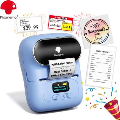 Phomemo Phomemo 1 Stück Label Maker - M110 Wireless Label Drucker mit 1 Rolle 40x30mm / 1,57" x 1,18" Thermoaufkleber-Etikett, etikettendrucker für Ladenbesitzer, Kleine Unternehmen, Büro, Adresse, Logo, Bekleidung, Post, Business-Drucker für Telefon & PC, Mini-Beschrifter für Barcode, Dokumente, Produktinformationen, Preisschilder, Versandetikettendruck, Label Maker Maschine für IOS & Android, Tragbarer Drucker für Geschenke, Schneller Druck Inkless Label Maker mit 203dpi, Inkless Labeler unterstützt 20-50mm/ 1"- 2" Thermolabel-Größe, Wiederaufladbarer Label Maker in Taschengröße, Barcode Label Drucker mit Typ-C Kabel, Neujahrsgeschenk für jeden