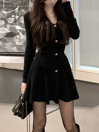 Elegant Fashionable Slim Fit Knitted Sweater Dress, Spring/Fall