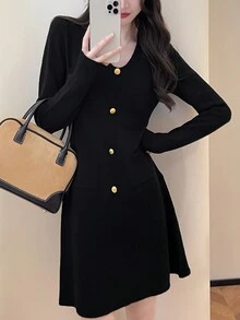 Elegant Fashionable Slim Fit Knitted Sweater Dress, Spring/Fall
