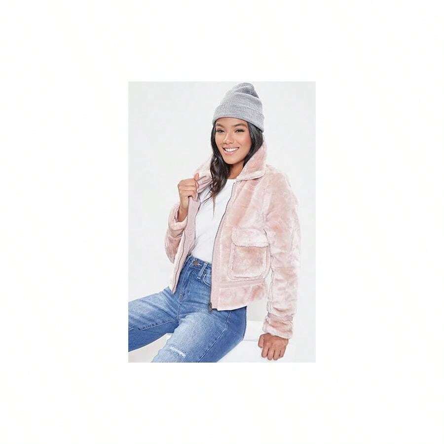 Women's Winter Faux Fur Jacket - Mauve - View 1