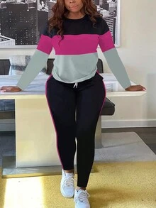 2pcs/Set Fashionable Color Block Crew Neck Long Sleeve T-Shirt And Pants Set, Spring/Autumn/Winter