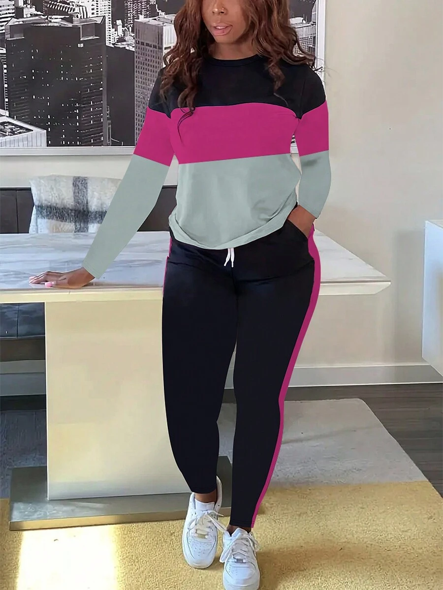 2pcs/Set Fashionable Color Block Crew Neck Long Sleeve T-Shirt And Pants Set, Spring/Autumn/Winter